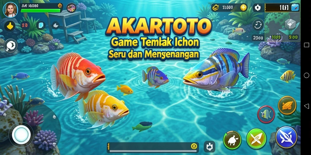 Tampilan gameplay AKARTOTO saat menembak ikan dengan senjata.